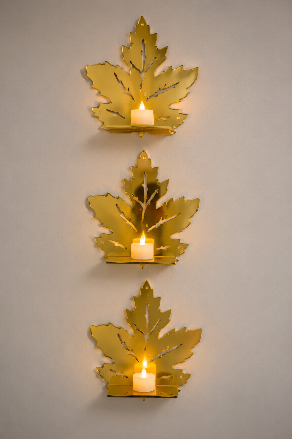 Golden Maple Leaf Wall Shelf with LED Candle - Walls by Ansari