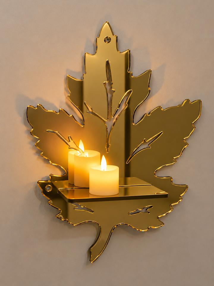 Golden Maple Leaf Wall Shelf with LED Candle - Walls by Ansari