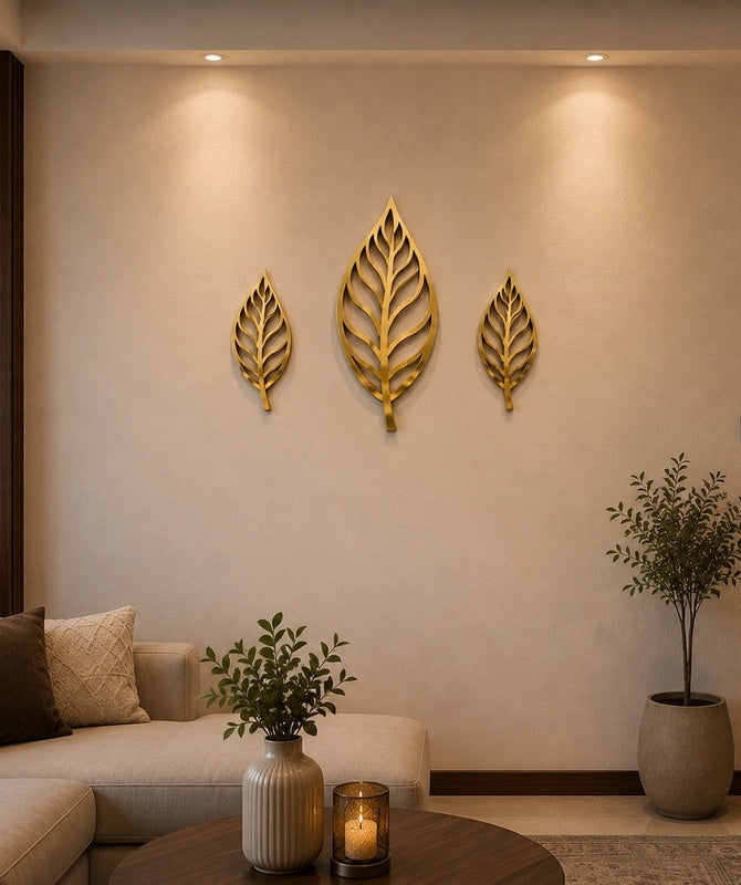 Golden Leaf Trio – Premium Acrylic Wall Decor