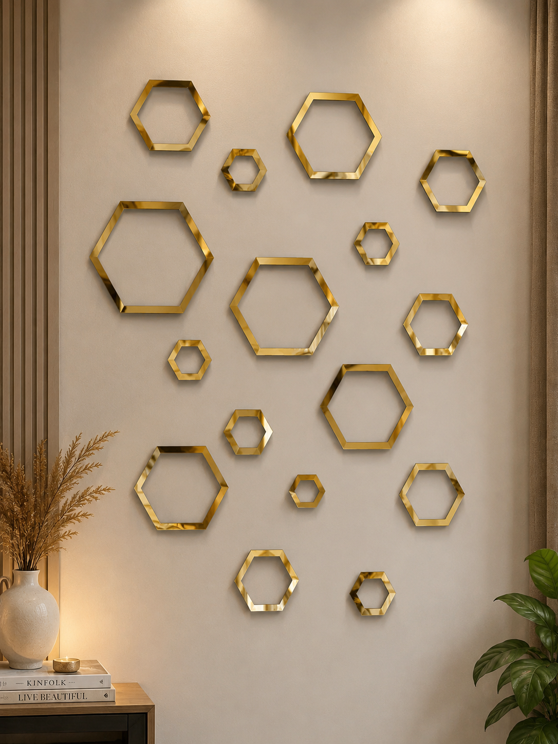 Walls By Ansari – Premium Gold Acrylic Hexagon Wall Decor Set | Luxury Mirror Finish
