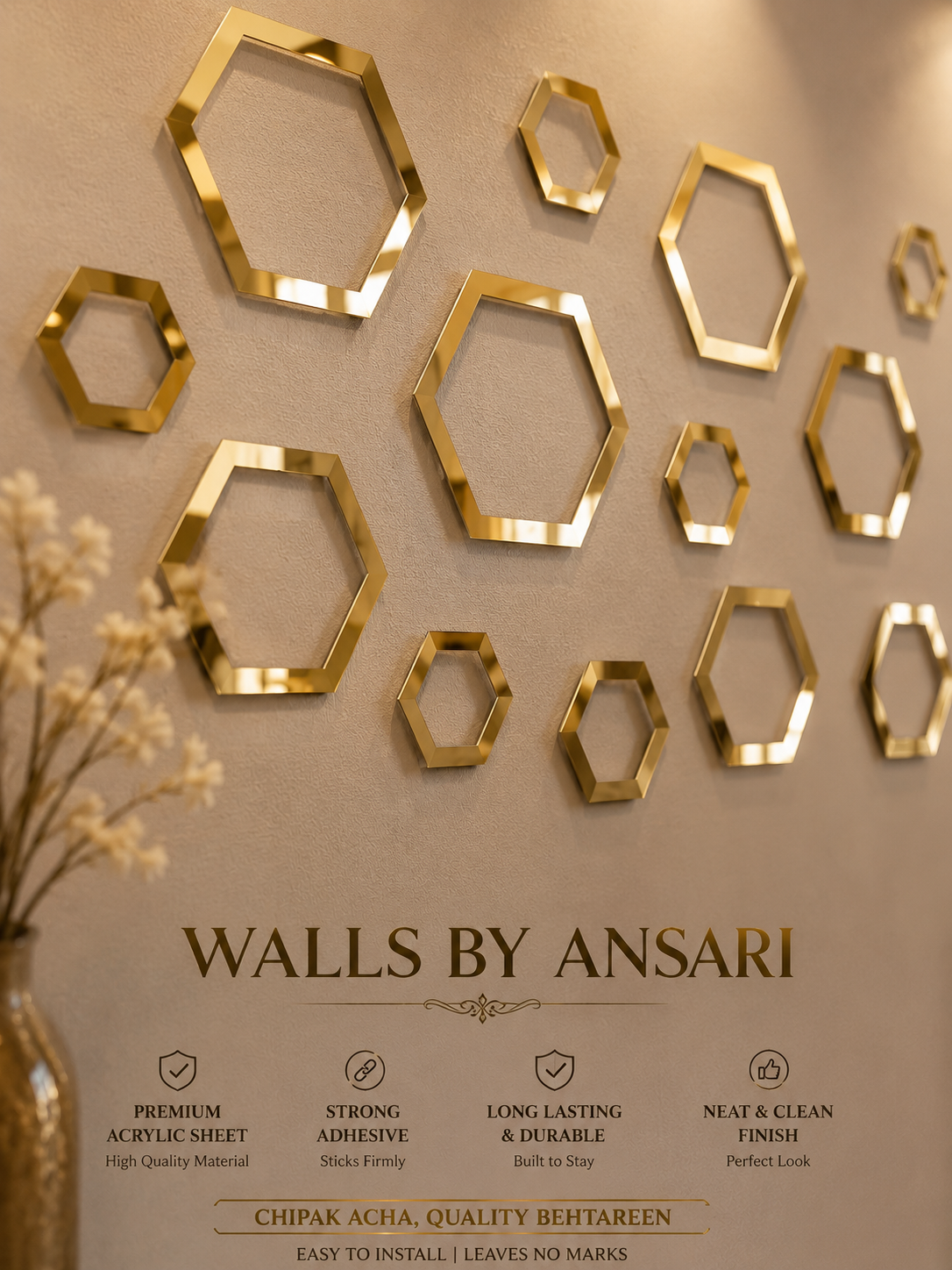 Walls By Ansari – Premium Gold Acrylic Hexagon Wall Decor Set | Luxury Mirror Finish