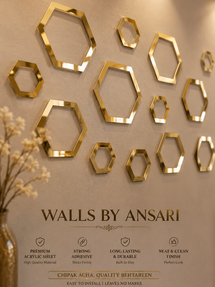 Walls By Ansari – Premium Gold Acrylic Hexagon Wall Decor Set | Luxury Mirror Finish